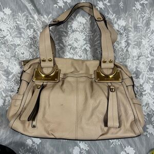 B. Makowsky Pebbled Leather Satchel – Tan/Camel | Gold D-Ring Plate Hardware | L